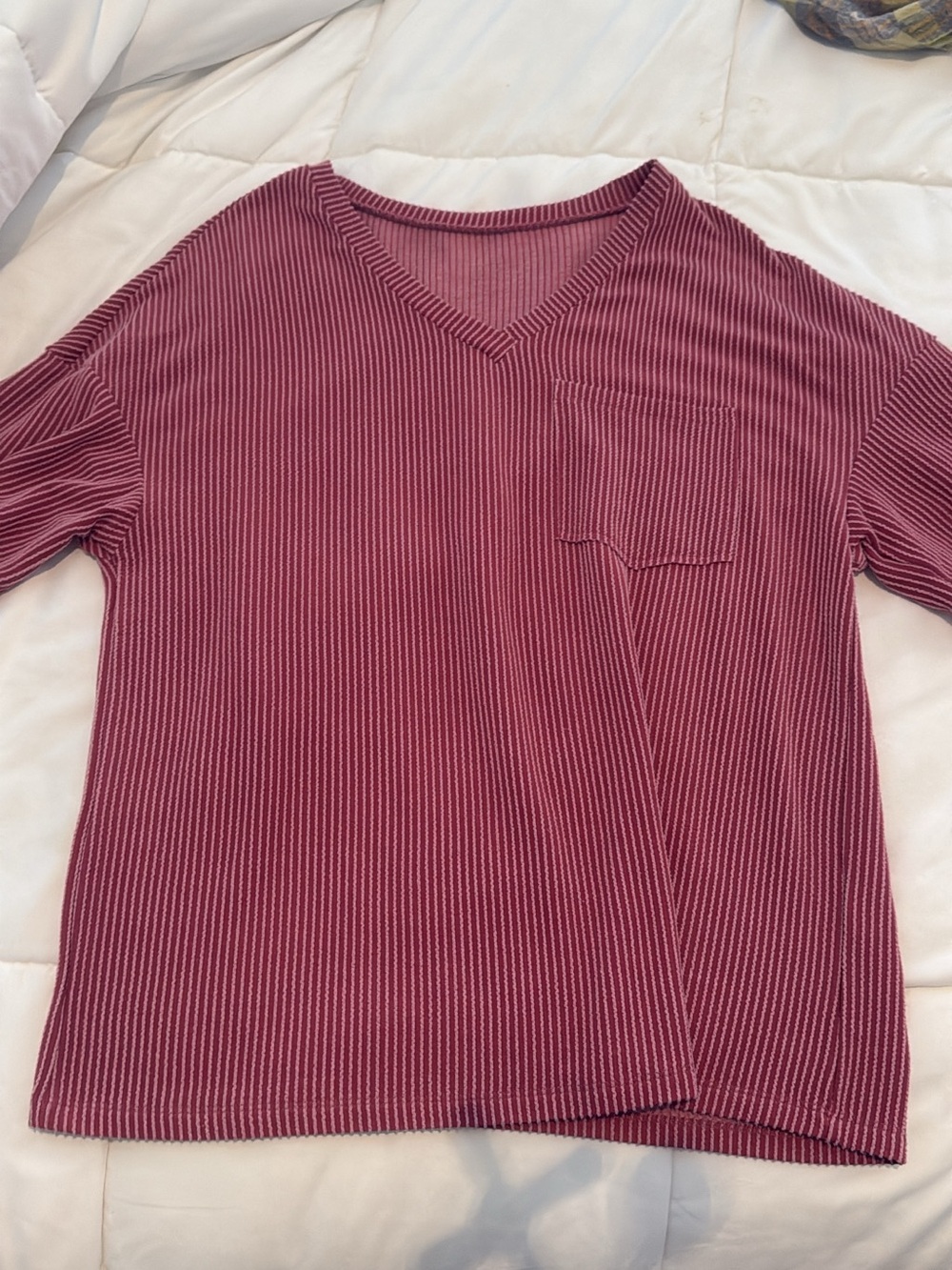 SHEIN  Burgundy Striped V-Neck Short Sleeve Shirt